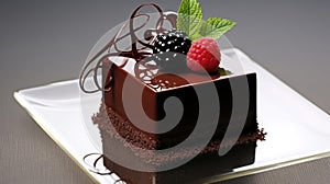 Chocolate mousse Lava Cake on white dish. Luxurious chocolate Mousse