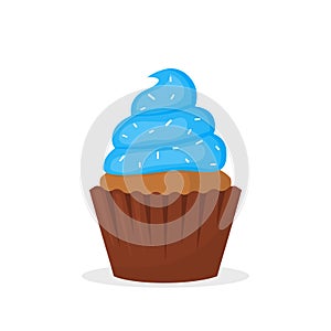Chocolate muffin with blue cream. Sweet food, cupcake with frosting flat vector icon