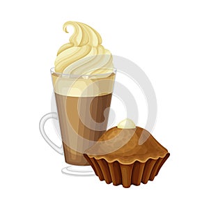 Chocolate Muffin and Glass of Hot Chocolate Drink with Whipped Cream Vector Illustration