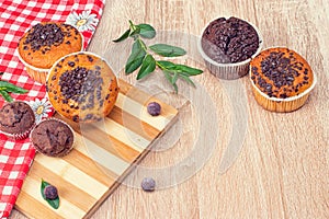 Chocolate muffin and nut muffin, homemade bakery on dark background. Muffin with blueberries on a wooden table.