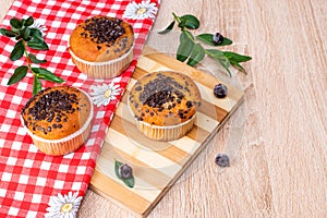 Chocolate muffin and nut muffin, homemade bakery on dark background. Muffin with blueberries on a wooden table.