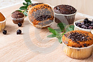 Chocolate muffin and nut muffin, homemade bakery on dark background. Muffin with blueberries on a wooden table.