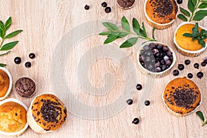 Chocolate muffin and nut muffin, homemade bakery on dark background. Muffin with blueberries on a wooden table.