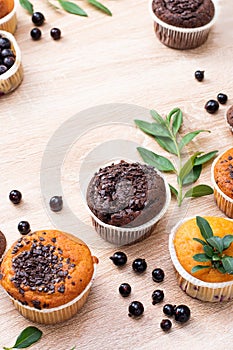 Chocolate muffin and nut muffin, homemade bakery on dark background. Muffin with blueberries on a wooden table.