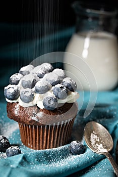 Chocolate muffin with soft cream and fresh blueberry powdered with sugar, jug of milk, dark rustic background