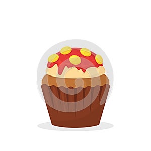 Chocolate muffin with vanilla cream, red frosting and yellow candies. Sweet food, cupcake with frosting flat vector icon