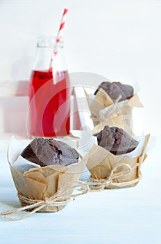 Chocolate muffins and cranberry juice