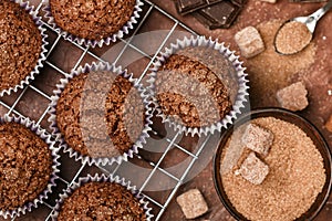 Chocolate muffins with Demerara sugar and cinnamon