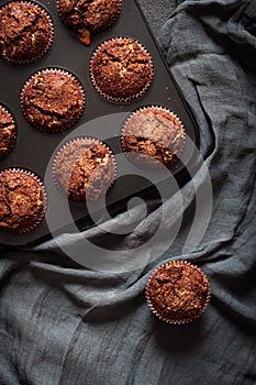 Chocolate muffins, flat lay