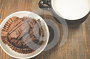 Chocolate muffins and milk on a wooden background/chocolate