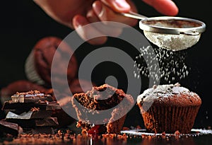 Chocolate muffins pouring in powdered sugar