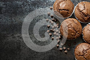 Chocolate Muffins Top view on Slate Top View