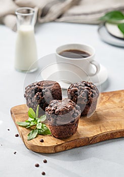 Chocolate muffins on a wooden board with mint on a light background with cup of coffee and milk. The concept of healthy homemade