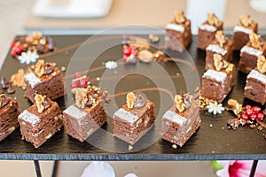 Chocolate Nut Brownie Cake decorated with Strawberries in Luxury Restaurant for Brunch, Buffet Concept