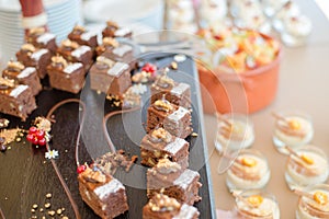 Chocolate Nut Brownie Cake decorated with Strawberries in Luxury Restaurant for Brunch, Buffet Concept