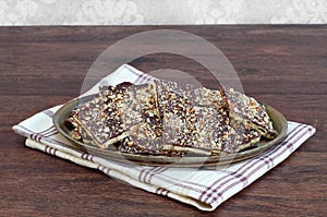 Chocolate and nut cracker cookies with copy space.