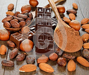 Chocolate, nuts and cocoa beans