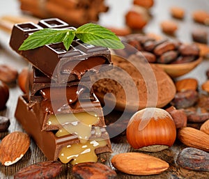 Chocolate, nuts and cocoa beans