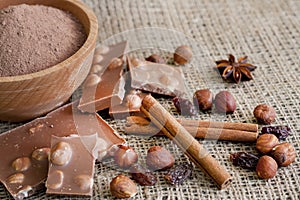 Chocolate nuts cocoa and ingredients