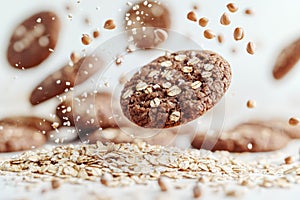 Chocolate Oat Cookies in Motion with Grains photo