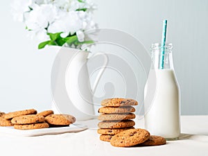 Chocolate oatmeal cookies and milk in bottle, healthy snack. Light background, grey light wall