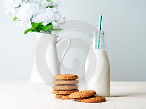 Chocolate oatmeal cookies and milk in bottle, healthy snack. Light background, grey light wall