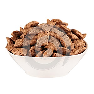 Chocolate pads corn flakes in white bowl isolated on white background. Cereals.