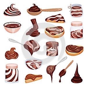 Chocolate Paste in Bowl, Spoon and Spreaded on Bread Big Vector Set