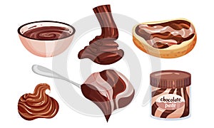 Chocolate Paste in Bowl and Spreaded on Bread Vector Set