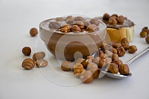 Chocolate paste, hazelnuts, cooking on a light background