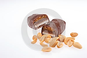 Chocolate peanut butter energy bar with peanuts