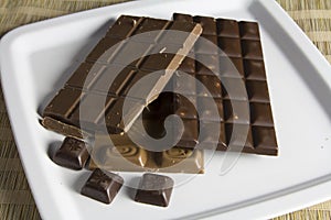 Chocolate peces on white plate photo