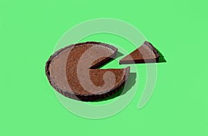 Chocolate pie isolated on a green background. Sliced chocolate cake