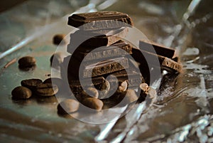 Chocolate pieces and coffee beans