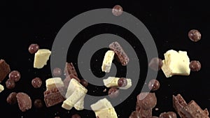 Chocolate pieces explosion. Slow Motion 1000fps