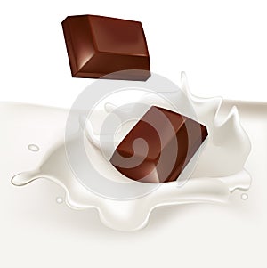 Chocolate pieces falling in cream splash