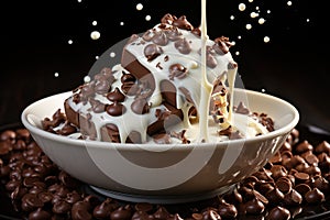 chocolate pieces falling on chocolate sauce and Milk cream splash .