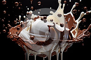 chocolate pieces falling on chocolate sauce and Milk cream splash .