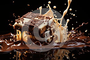 chocolate pieces falling on chocolate sauce and Milk cream splash .