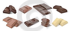 Chocolate pieces. Realistic dark bars and chunks of milky chocolate, 3D blocks of cocoa dessert. Vector square chocolate