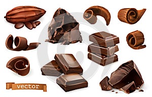 Chocolate. Pieces, shavings, cocoa fruit. 3d vector icon set