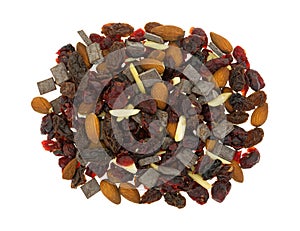 Chocolate plus nuts and cranberry trail mix top view