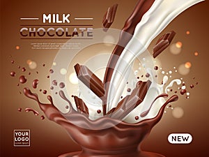 Chocolate poster. Realistic milk and cocoa streams, sweet natural product advertising banner, desert food, dark and