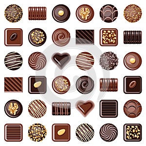 Chocolate pralines candies icon collection - vector color illustration