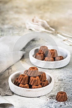 Chocolate pralines in the form of small Guglhupf tarts, dusted with cocoa, on light gray background