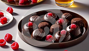 chocolate pralines glistening with a glossy with raspberry, plate of chocolates and raspberries ,pralines background