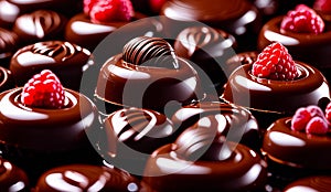 chocolate pralines glistening with a glossy with raspberry, plate of chocolates and raspberries ,pralines background