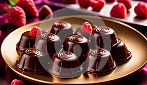 chocolate pralines glistening with a glossy with raspberry, plate of chocolates and raspberries ,pralines background