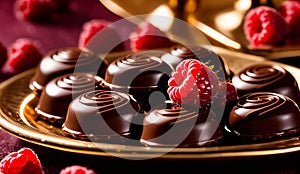 chocolate pralines glistening with a glossy with raspberry, plate of chocolates and raspberries ,pralines background