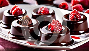 chocolate pralines glistening with a glossy with raspberry, plate of chocolates and raspberries ,pralines background